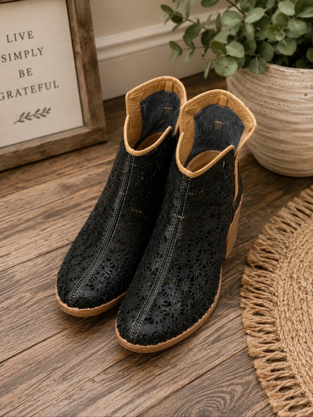 Black Cutout Ankle Booties with Tan Accents
